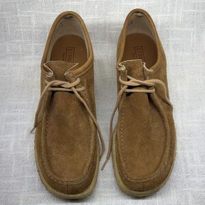 E.T. Wright Men's Tan Suede Leather Tie Front Square Toe Loafer Gum Sole size 10